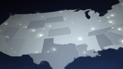 cinematic united states map with flickering lights. view military scientific map rotates. animated m