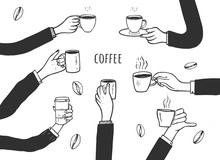 Human Hands With Cups Of Coffee Set