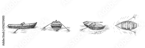 Empty rowing boat on lake set