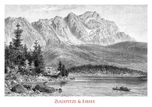 Panoramic View Of The Eibsee Bavarian Lake At The Base The Zugspitze, The Highest Mountain In Germany South Of The Town Of Garmisch-Partenkirchen Near The Austria–Germany Border