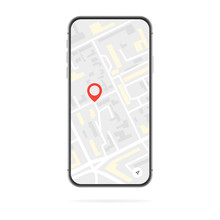 Smartphone With A Map On The Phone Screen And A Red GPS Dot, Isolated On A White Background. Vector Illustration Of Location Search