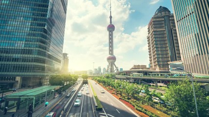 Fototapete - hyper lapse, road in Shanghai Lujiazui financial center, China