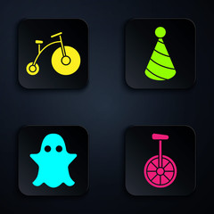 Sticker - Set Unicycle or one wheel bicycle, Vintage bicycle with one big wheel and one small, Ghost and Party hat. Black square button. Vector