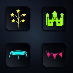 Poster - Set Carnival garland with flags, Fireworks, Jumping trampoline and Castle. Black square button. Vector