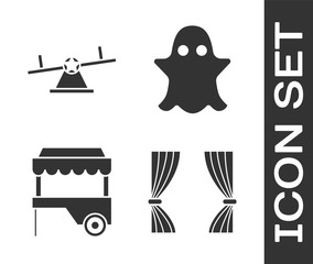 Wall Mural - Set Curtain, Seesaw, Fast street food cart with awning and Ghost icon. Vector