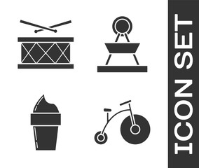 Sticker - Set Vintage bicycle with one big wheel and one small, Drum with drum sticks, Ice cream in waffle cone and Attraction carousel icon. Vector