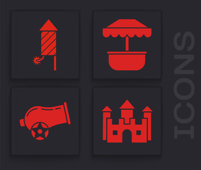 Canvas Print - Set Castle, Firework rocket, Attraction carousel and Cannon icon. Vector