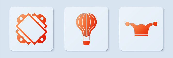 Canvas Print - Set Hot air balloon, Ticket and Jester hat with bells. White square button. Vector