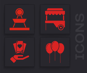 Poster - Set Balloons with ribbon, Attraction carousel, Fast street food cart with awning and Hand holding playing cards icon. Vector