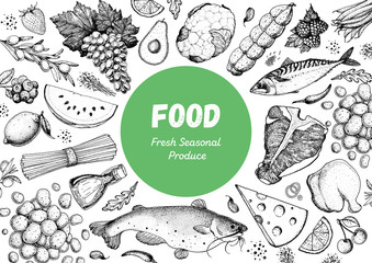 Wall Mural - Food sketch. Vector illustration. Vegetables, fruits, meat hand drawn. Organic food set. Good nutrition pattern. Hand drawn food design elements.