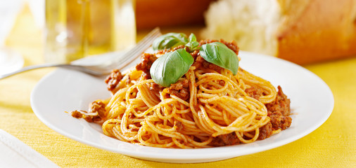 Wall Mural - spaghetti with basil garnish in meat sauce