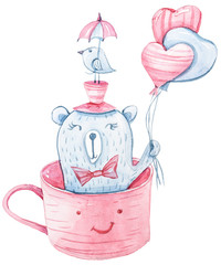 Watercolor hand painted cute bear in the cup of tea with ballons and bird for valentines day pattern, stickers, decoration. Pink and blue collection. Fall in love