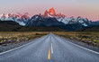 Beautiful Alpine Glow / first light on Mount Fitz Roy viewed from Road to El Chalten