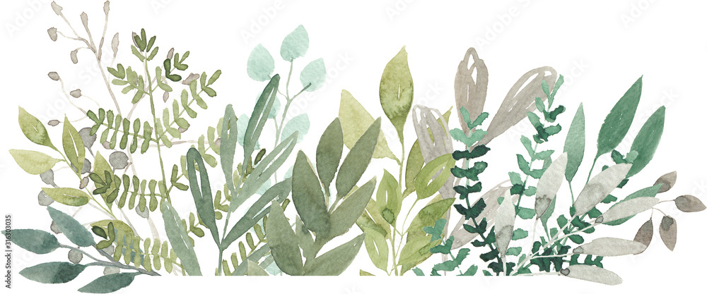 watercolor foliage greenery branch abstract floral green blue eucalyptus - obrazy, fototapety, plakaty 