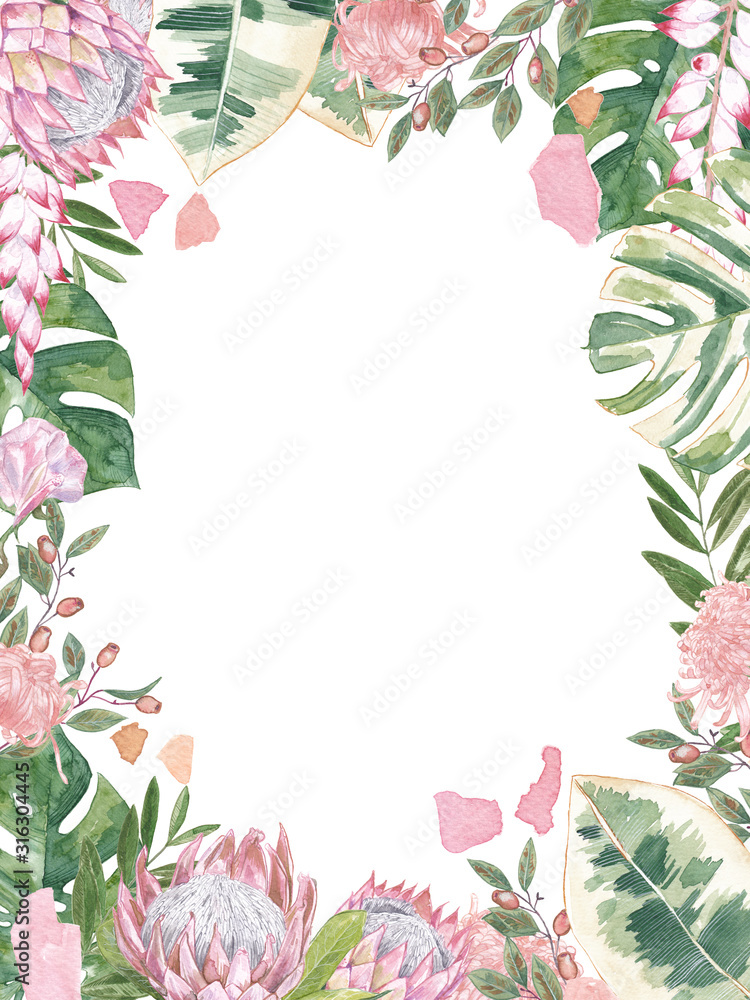 watercolor tropical flower floral frame with flowers isolated hand ...