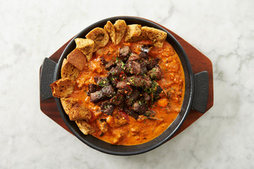 Canvas Print - Beef steak with tomato sauce and bread 