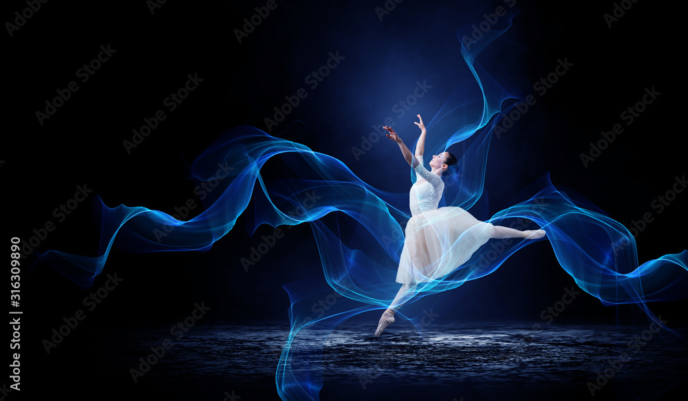 Ballet dancer in jump . Mixed media - obrazy, fototapety, plakaty 