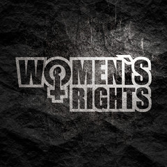 Wall Mural - Female sign icon in womens rights text. Silhouette of woman head. Grunge texture