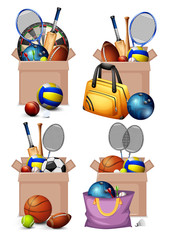 Sticker - Set of boxes full of sport equipments on white background