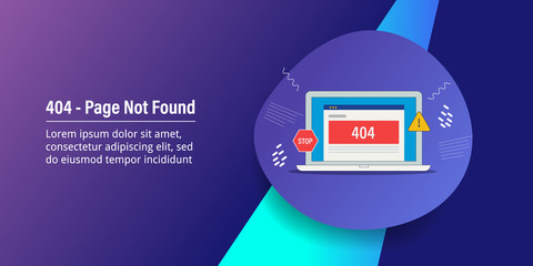 404 webpage displaying on laptop screen, 404 - page not found concept, web banner template.