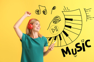 Poster - Happy beautiful woman listening to music on color background