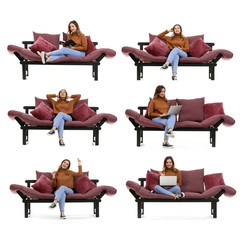 Canvas Print - Collage with young woman resting on sofa against white background