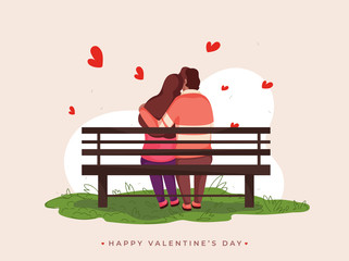 Canvas Print - Back View of Young Couple Hugging Sit on Bench for Happy Valentine's Day Celebration.