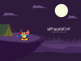 Poster - Purple Camping Landscape Night Scene Background with Faceless Loving Couple Enjoying Drinks in Front of Bonfire.