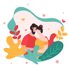 Poster - Faceless Lover Couple Character with Colorful Leaves View on White Background.