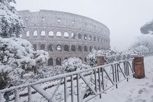 Snow Storm In Colosseum Rome Italy