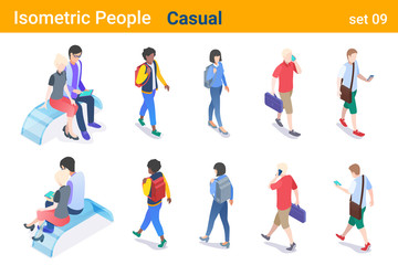 Wall Mural - Isometric Casual People flat vector collection. Man and Woman walking, talking or looking on Mobile phone, sitting and hugging on bench  back and front poses