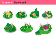 Isometric Flower Bed Flat Vector Collection. Garden Bed Flowerbed Landscape Design Elements.