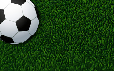 The ball on the football field. Background for sports design. Realistic soccer ball on the field. 3D illustration. Grass field stadium. Vector background for football design