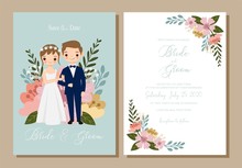 Save The Date,cute Couple Cartoon With Flower Invitation Card Set
