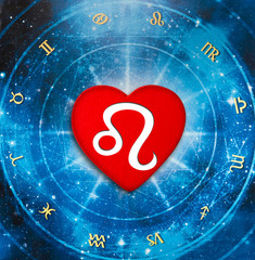 romantic red heart with zodiac symbol lion over blue horoscope like astrology and love and relations