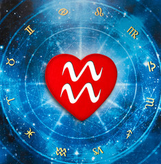 Wall Mural - romantic red heart with zodiac symbol aquarius over blue horoscope like astrology and love and relat