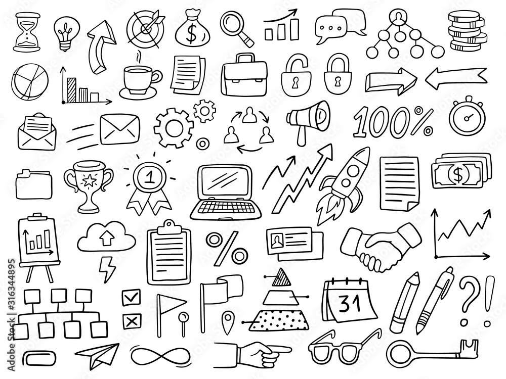 Big set of business icons in doodle style. Vector Illustration can be used in education, bank, It, SaaS, finance, marketing and other business areas. - obrazy, fototapety, plakaty 