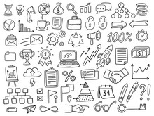 Big Set Of Business Icons In Doodle Style. Vector Illustration Can Be Used In Education, Bank, It, SaaS, Finance, Marketing And Other Business Areas.