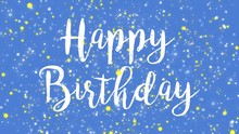 Animated Cheerful Blue Happy Birthday Greeting Card With Colorful Confetti Particles.