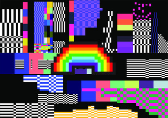 Aufkleber - Abstract webpunk and vaporwave style background with pixeleted glitched screen and file icons. Conceptual illustration of computer viruses, ransomware, malware or adware.