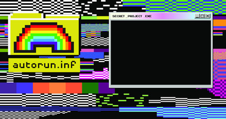 Aufkleber - Abstract webpunk and vaporwave style background with pixeleted glitched screen and file icons. Conceptual illustration of computer viruses, ransomware, malware or adware.