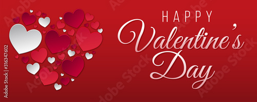 Fotomural bandeau ou carte happy Valentine's day avec coeur rouge et blanc sur fond rouge