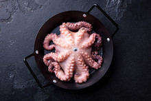 Octopus In A Black Frying Pan. Black Stone Background. Top View.
