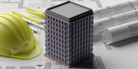 Wall Mural - Skyscraper building construction, blueprints background. 3d illustration