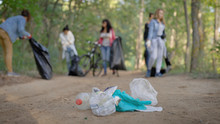 Conscious Citizens Arranged For Cleaning The Forest From Household Waste. Women Volunteers Collect Rubbish In The Nature And Eliminate Pollution. Civilized Position.