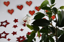 Through The Green Foliage Of A Ficus, An Angel With An Arrow Is Visible Among The Red Hearts, Cupid Is Ready To Hit The Heart Of Another Lover.