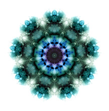 Watercolor Flower Mandala Pattern In Dark Tones Isolated On White Background. Kaleidoscope Effect.
