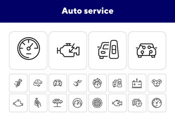 Poster - Auto service icon. Set of line icon on white background. Speedometer, engine, wheel. Car mechanics concept. Vector illustration can be used for topics like transportation, service, cars