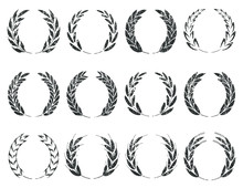 Collection Of Different Grunge Stamp Silhouette Circular Laurel Foliate, Wheat, Barley, Rye And Oat Spike Wreaths Depicting An Award, Achievement, Heraldry, Nobility. Vector Illustration Image.