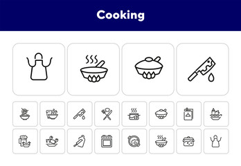 Wall Mural - Cooking line icon set. Set of line icons on white background. Kitchenware concept. Knife, frying pan, stewing. Vector illustration can be used for topics like cooking, food, kitchen